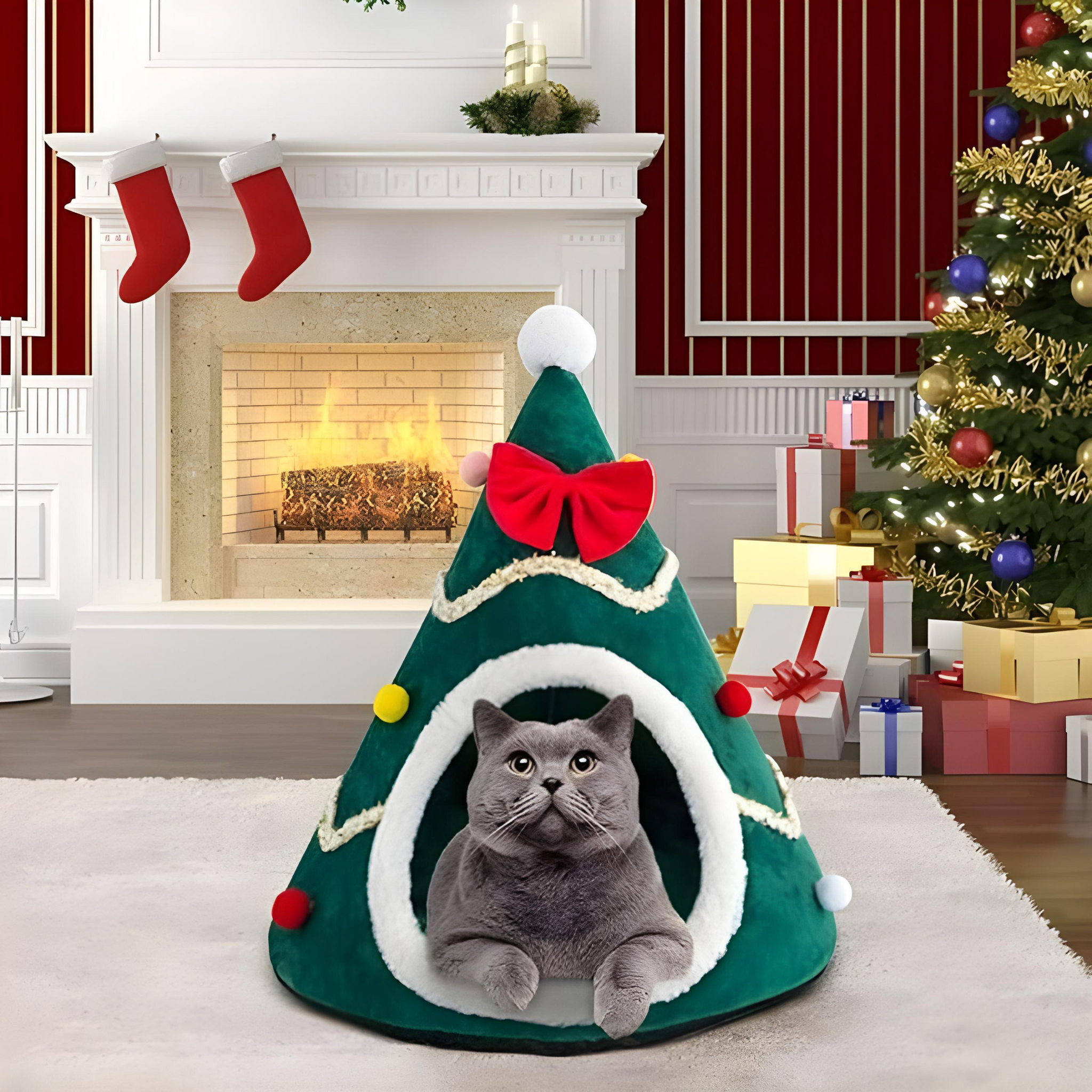 Kerst kattenmand - Hondenmand | Kerstboom Ontwerp | Groen/Rood | 40cm | Katoen | Kattenbedje 2024